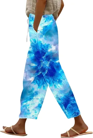 Tie Dye Linen Pants for Women Drawstring Waisted Wide Leg 3D Printed Trousers Summer Beach Lounge Pants with Pockets