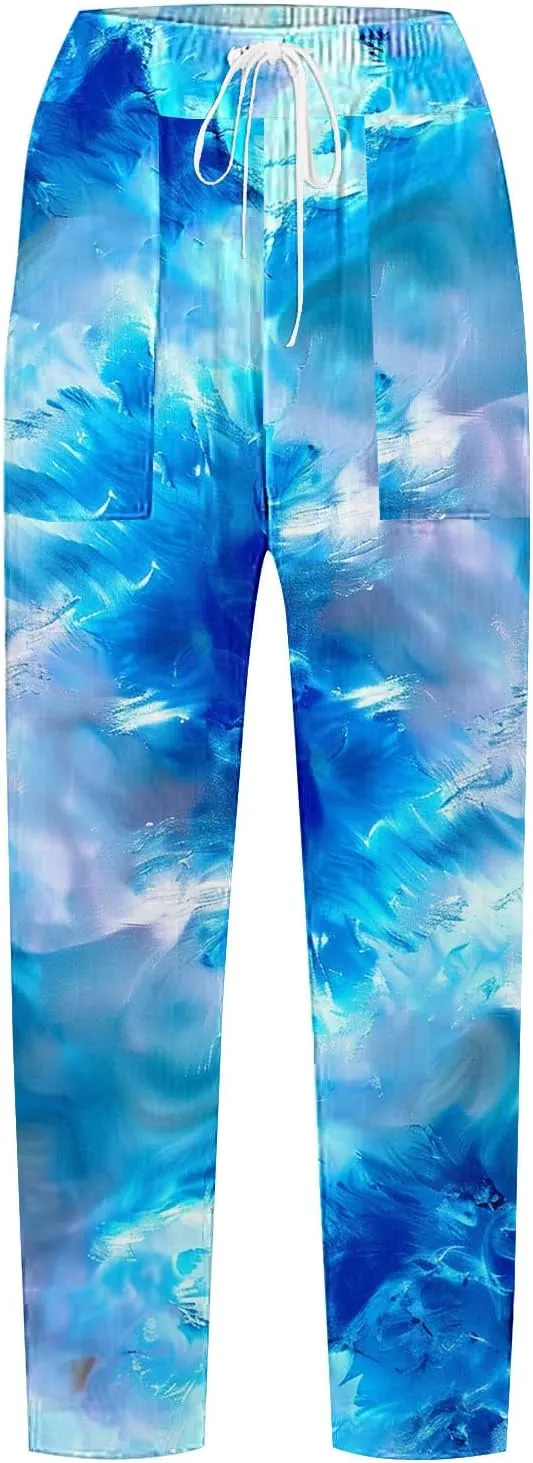 Tie Dye Linen Pants for Women Drawstring Waisted Wide Leg 3D Printed Trousers Summer Beach Lounge Pants with Pockets