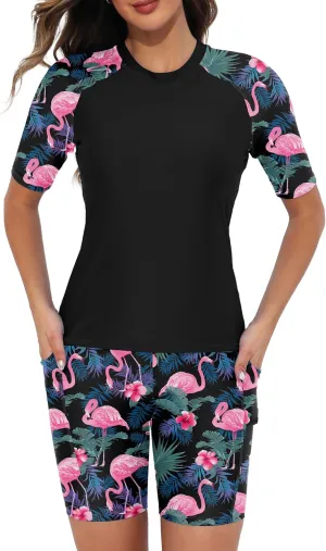 Tournesol Women's Two Piece Rash Guard Short Sleeve Swim Shirts UPF 50  Built in Bra Swimsuit with Boyshorts with Pockets