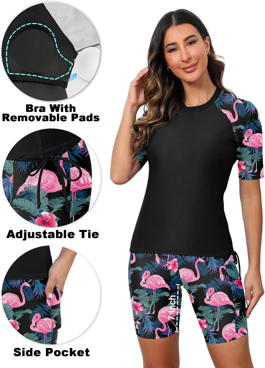 Tournesol Women's Two Piece Rash Guard Short Sleeve Swim Shirts UPF 50  Built in Bra Swimsuit with Boyshorts with Pockets