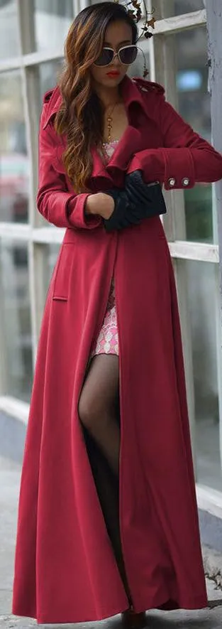 Turn-down Collar Woolen Slim Full Length Coat
