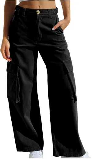 Uillui Western Cowboy Jeans for Women Straight Bootcut Cargo Pants High Waist Button Loose Denim Trouser Casual Bootleg Pant