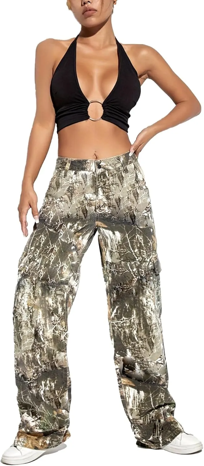 Vakkest Women's Oversized Camo Cargo Pants Jogger Trousers Workout Sweatpants Camouflage Army Fatigue with Pockets