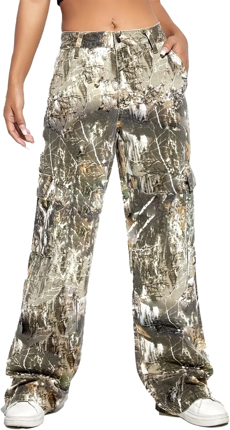Vakkest Women's Oversized Camo Cargo Pants Jogger Trousers Workout Sweatpants Camouflage Army Fatigue with Pockets
