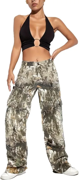 Vakkest Women's Oversized Camo Cargo Pants Jogger Trousers Workout Sweatpants Camouflage Army Fatigue with Pockets