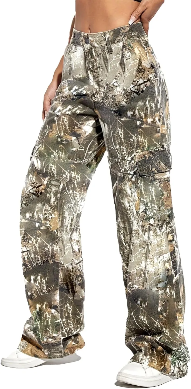 Vakkest Women's Oversized Camo Cargo Pants Jogger Trousers Workout Sweatpants Camouflage Army Fatigue with Pockets