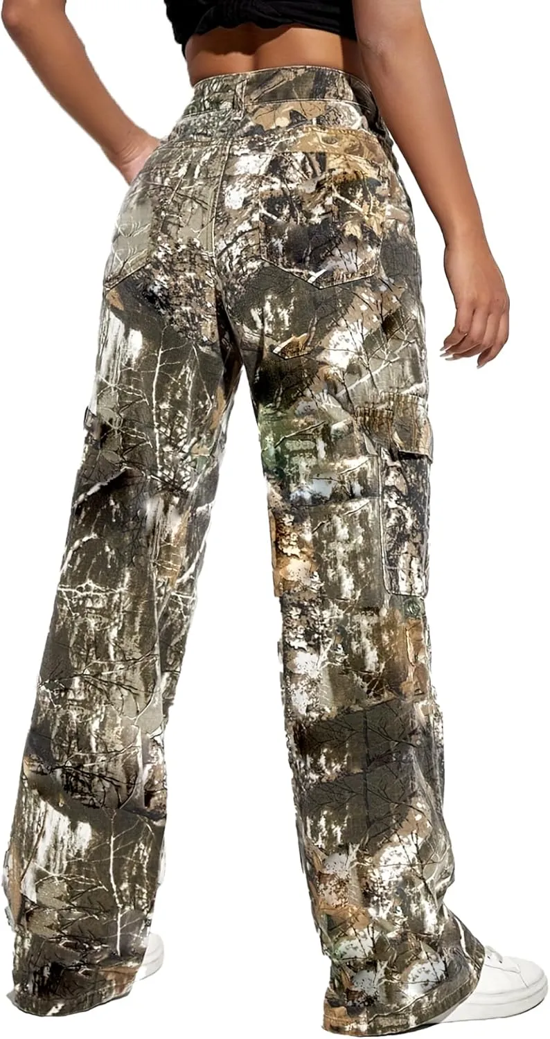 Vakkest Women's Oversized Camo Cargo Pants Jogger Trousers Workout Sweatpants Camouflage Army Fatigue with Pockets