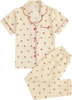 Verdusa Women's 2 Piece Pajama Sets Loungewear Pj Set Short Sleeve Button Up Shirts with Pants Beige Small