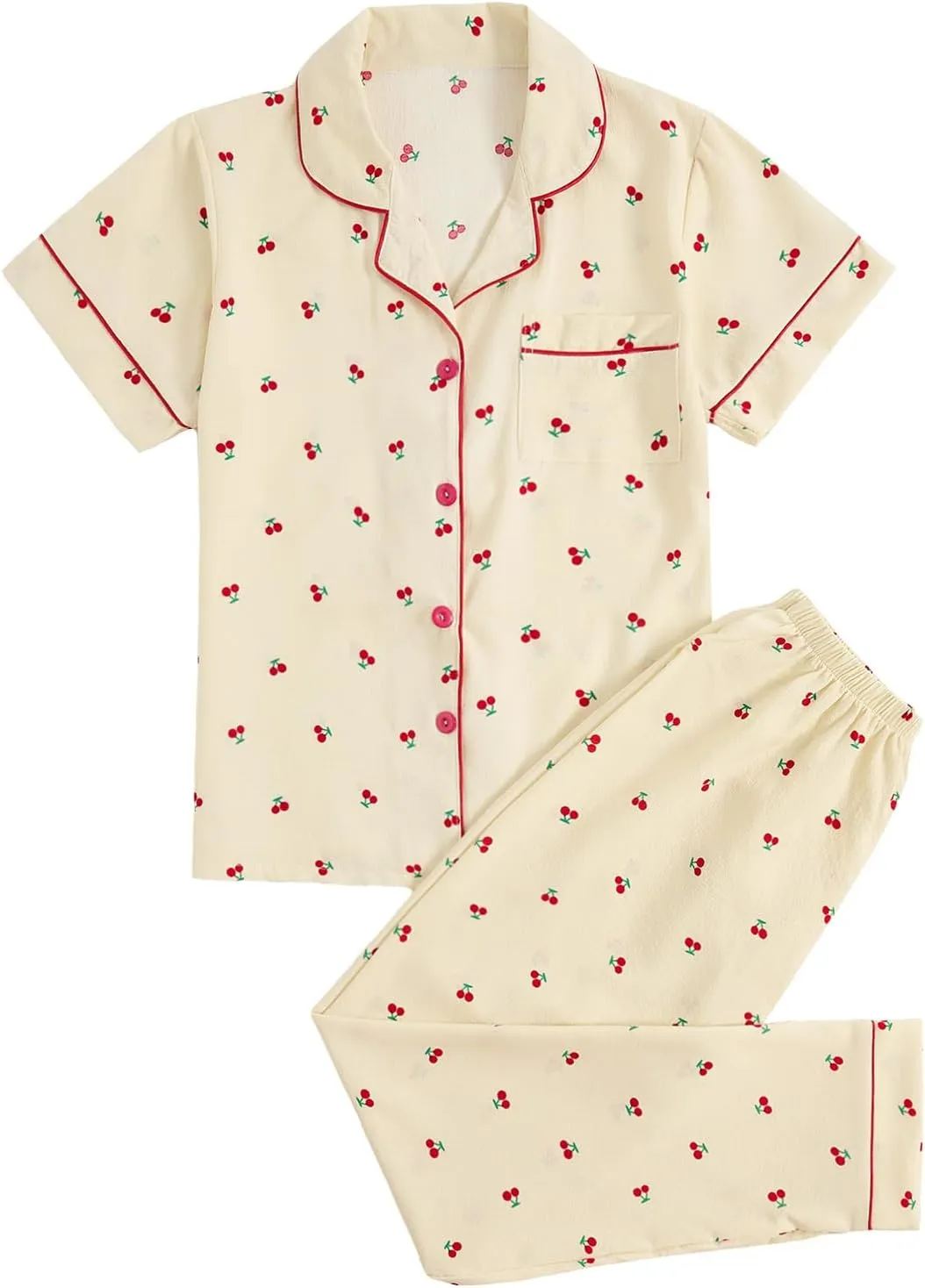 Verdusa Women's 2 Piece Pajama Sets Loungewear Pj Set Short Sleeve Button Up Shirts with Pants Beige Small