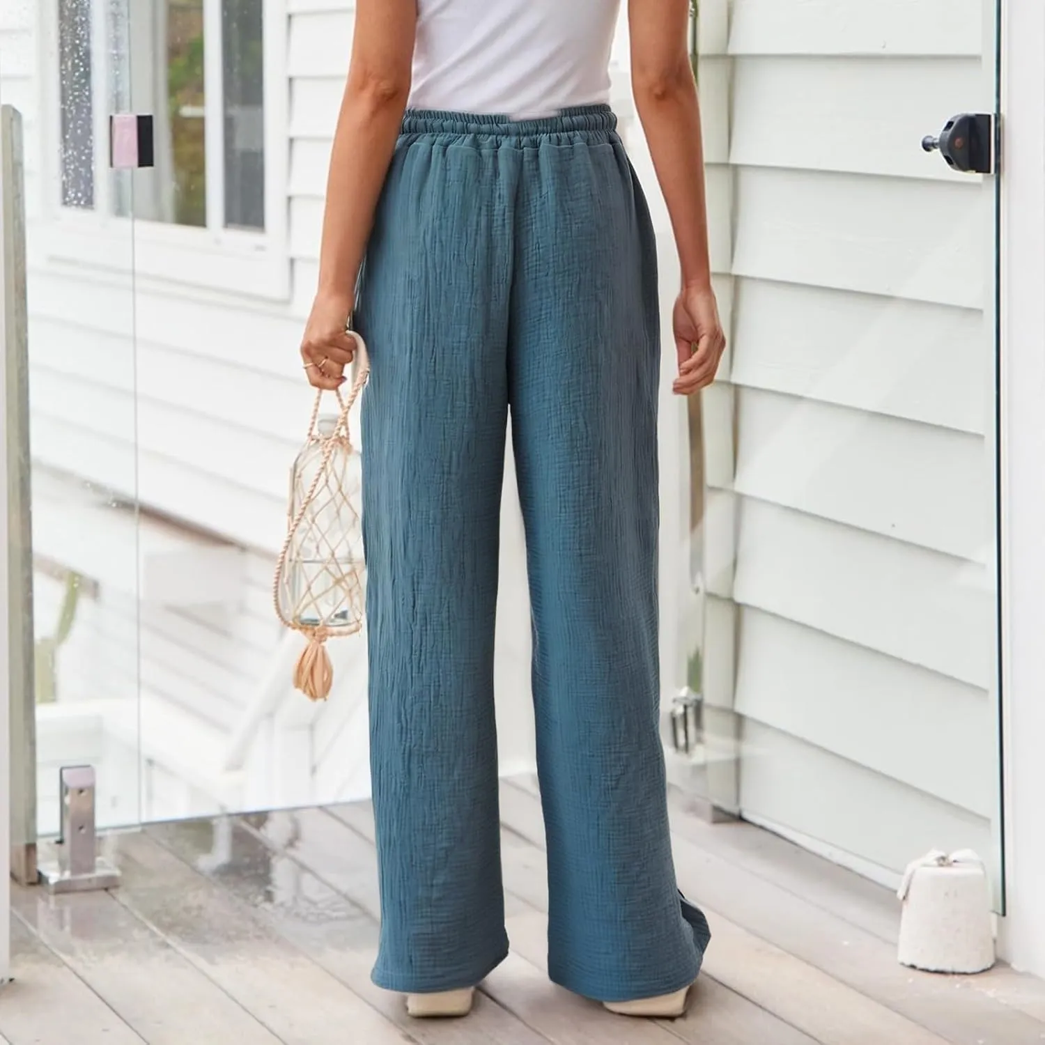 Wide Leg Cotton Linen Pants Women Casual Elastic Waist Loose Flowy Palazzo Pants Comfy Summer Beach Pant with Pockets