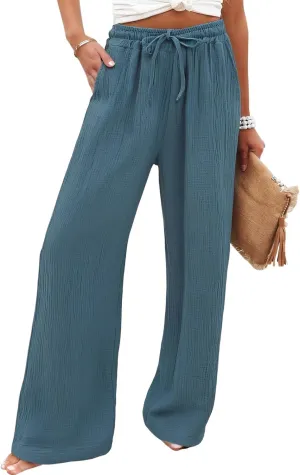 Wide Leg Cotton Linen Pants Women Casual Elastic Waist Loose Flowy Palazzo Pants Comfy Summer Beach Pant with Pockets