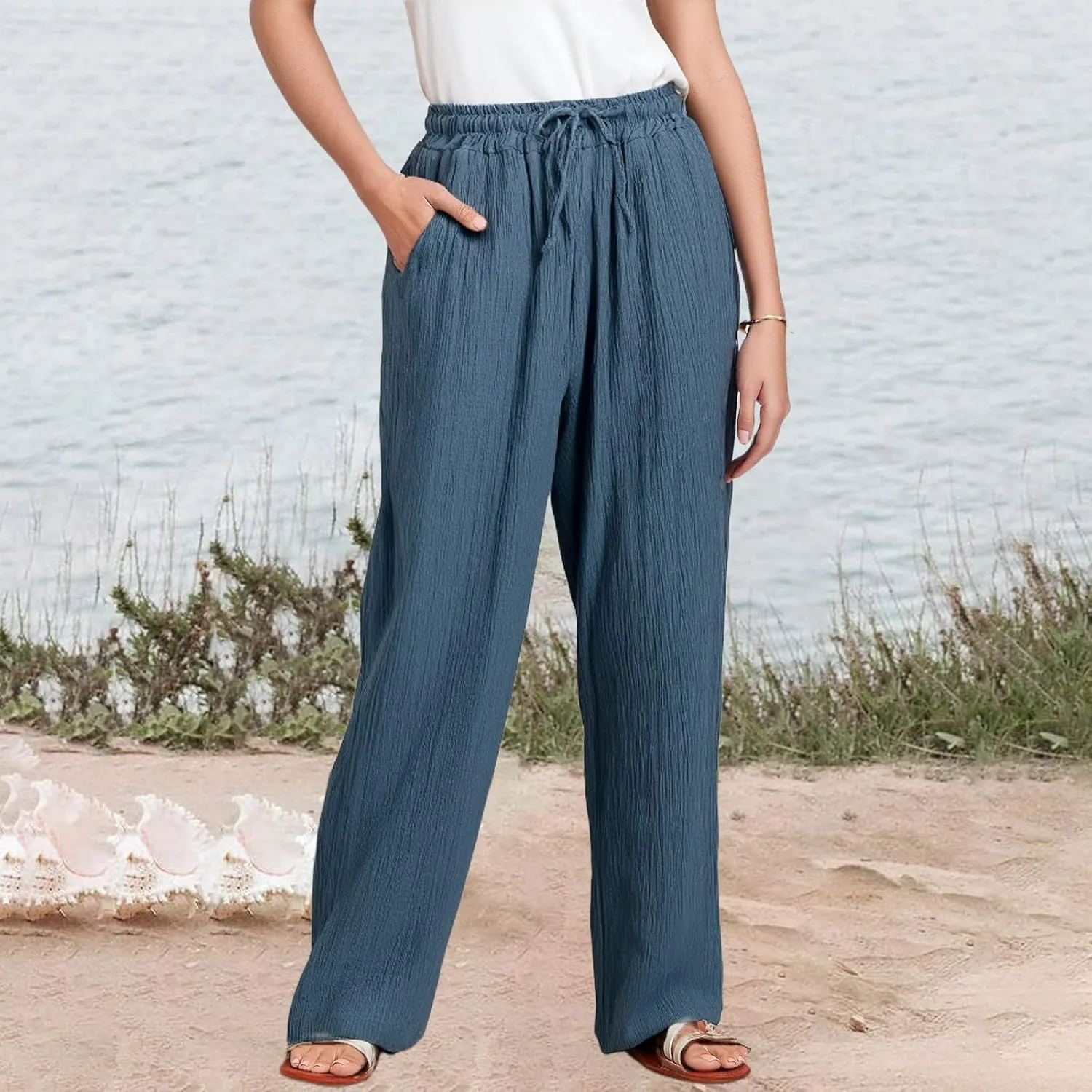 Wide Leg Cotton Linen Pants Women Casual Elastic Waist Loose Flowy Palazzo Pants Comfy Summer Beach Pant with Pockets