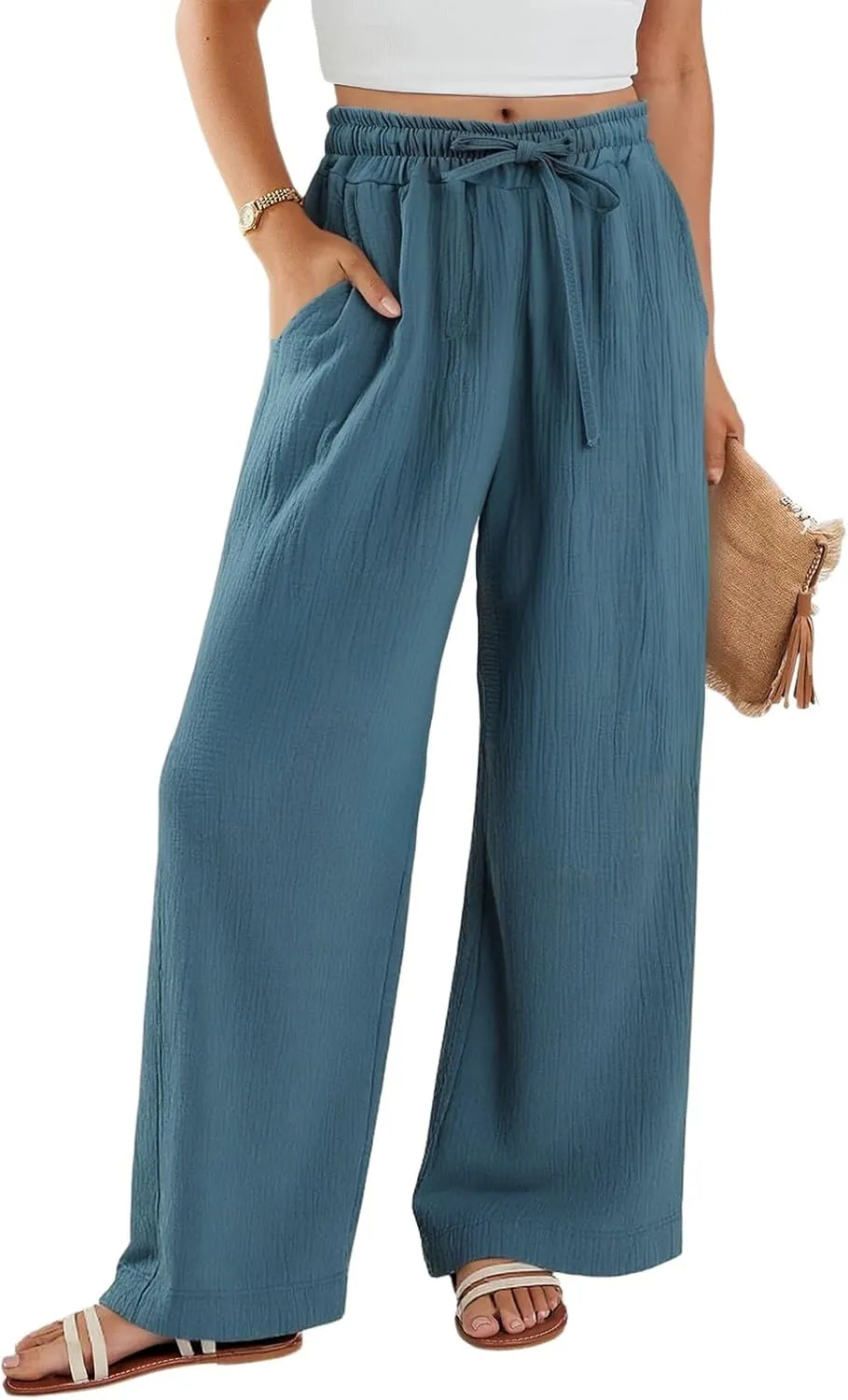 Wide Leg Cotton Linen Pants Women Casual Elastic Waist Loose Flowy Palazzo Pants Comfy Summer Beach Pant with Pockets