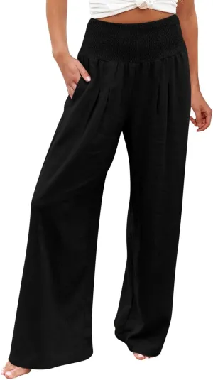 Wide Leg Linen Pants for Women Summer Elastic Waistband Palazzo Pants Flowy Casual Pants Loose Fit Cotton Linen Trousers