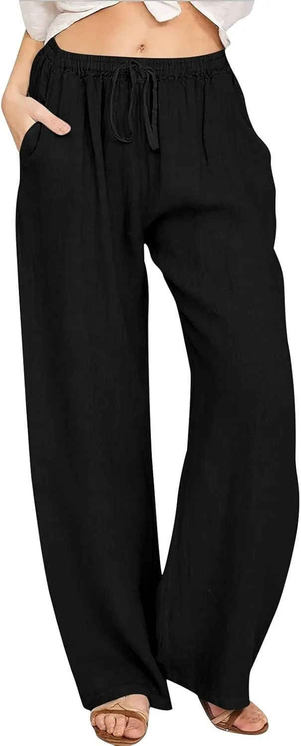 Wide Leg Linen Pants Women 2025 Summer Casual Beach Vacation Pants Lightweight Plus Size Lounge Trousers with Pockets