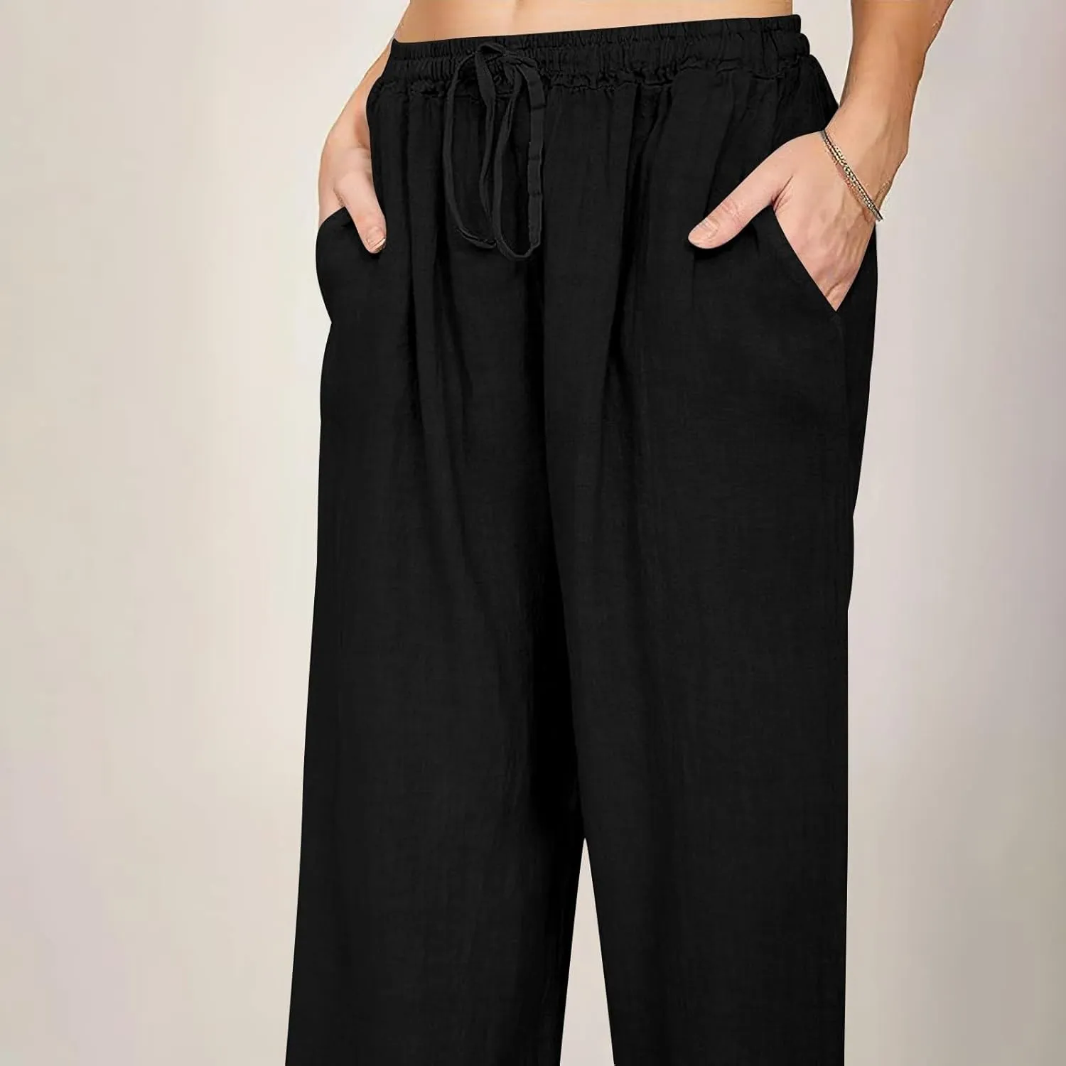 Wide Leg Linen Pants Women 2025 Summer Casual Beach Vacation Pants Lightweight Plus Size Lounge Trousers with Pockets