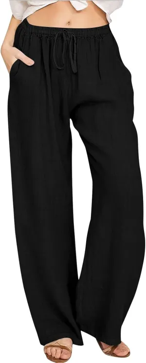 Wide Leg Linen Pants Women 2025 Summer Casual Beach Vacation Pants Lightweight Plus Size Lounge Trousers with Pockets
