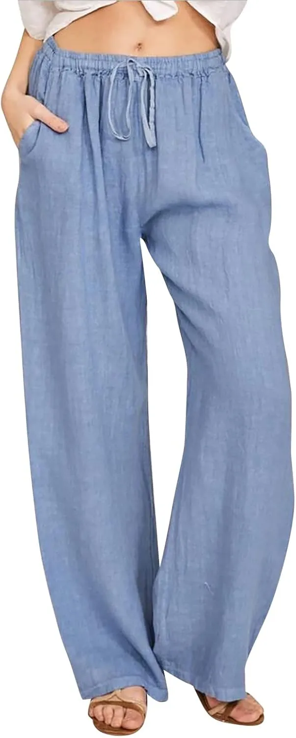 Wide Leg Linen Pants Women Summer Drawstring High Waisted Casual Pants Flowy Palazzo Pants Lightweight Beach Trousers