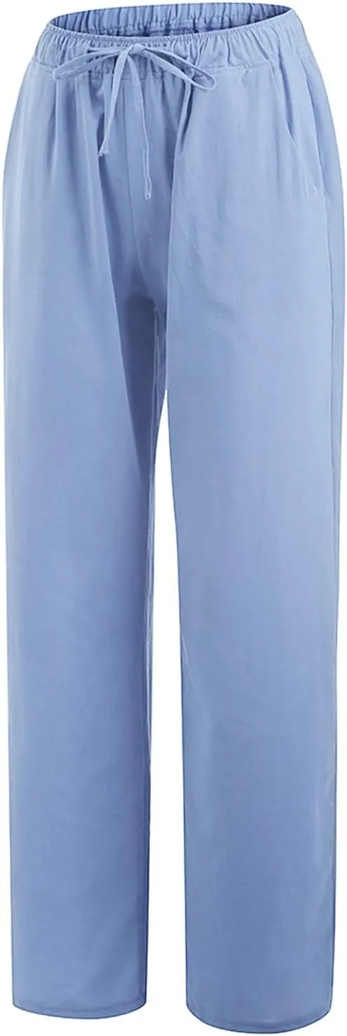 Wide Leg Linen Pants Women Summer Drawstring High Waisted Casual Pants Flowy Palazzo Pants Lightweight Beach Trousers