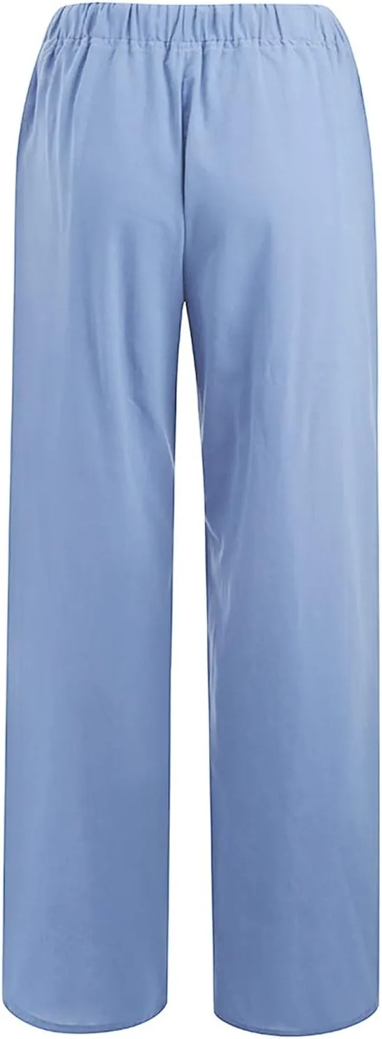 Wide Leg Linen Pants Women Summer Drawstring High Waisted Casual Pants Flowy Palazzo Pants Lightweight Beach Trousers