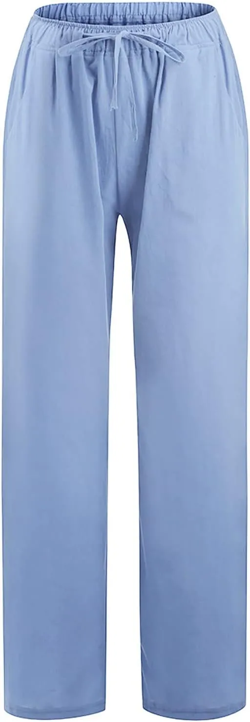 Wide Leg Linen Pants Women Summer Drawstring High Waisted Casual Pants Flowy Palazzo Pants Lightweight Beach Trousers