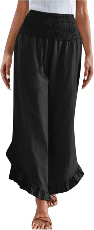 Wide Leg Pants for Women 2025 Summer Lounge Palazzo Pants High Waisted Ruffle Hem Boho Beach Flowy Trousers Pockets