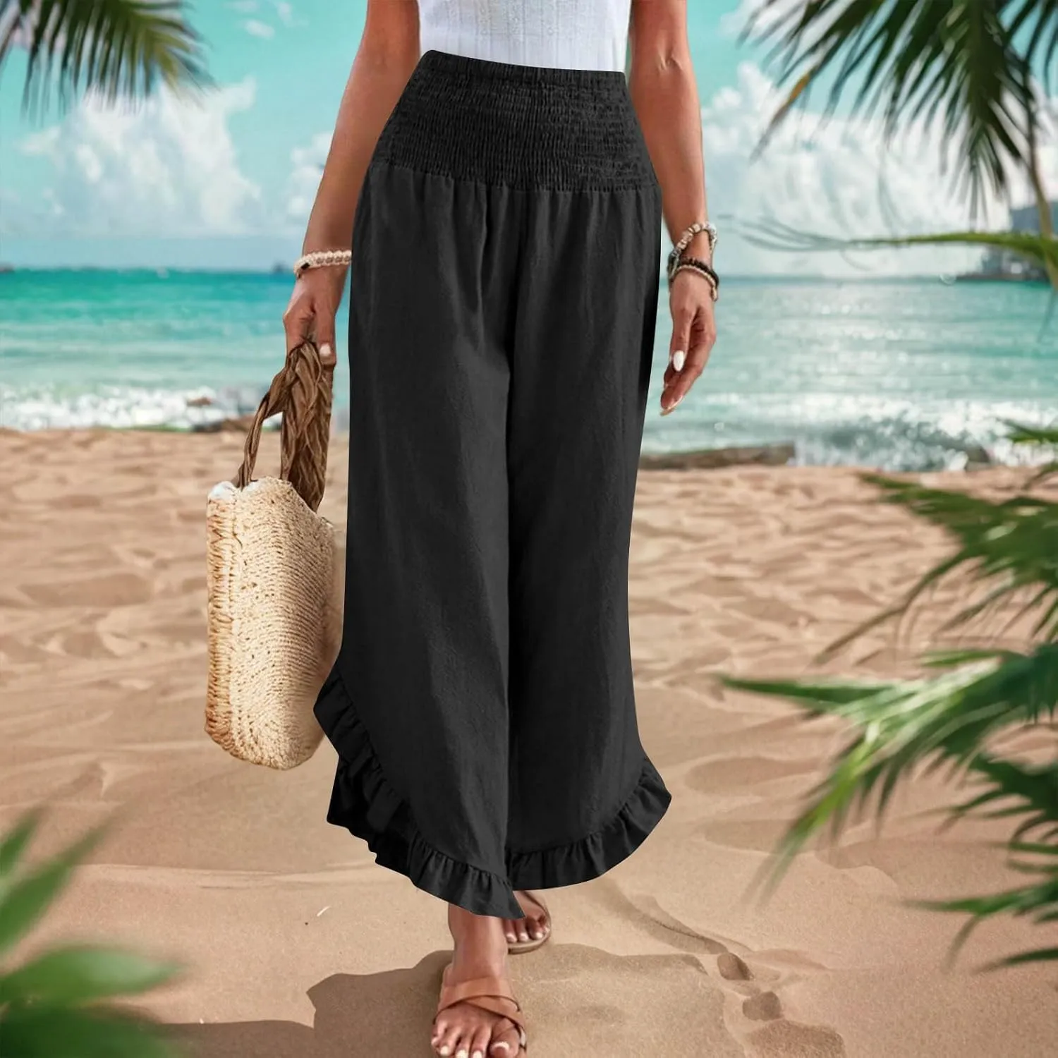 Wide Leg Pants for Women 2025 Summer Lounge Palazzo Pants High Waisted Ruffle Hem Boho Beach Flowy Trousers Pockets