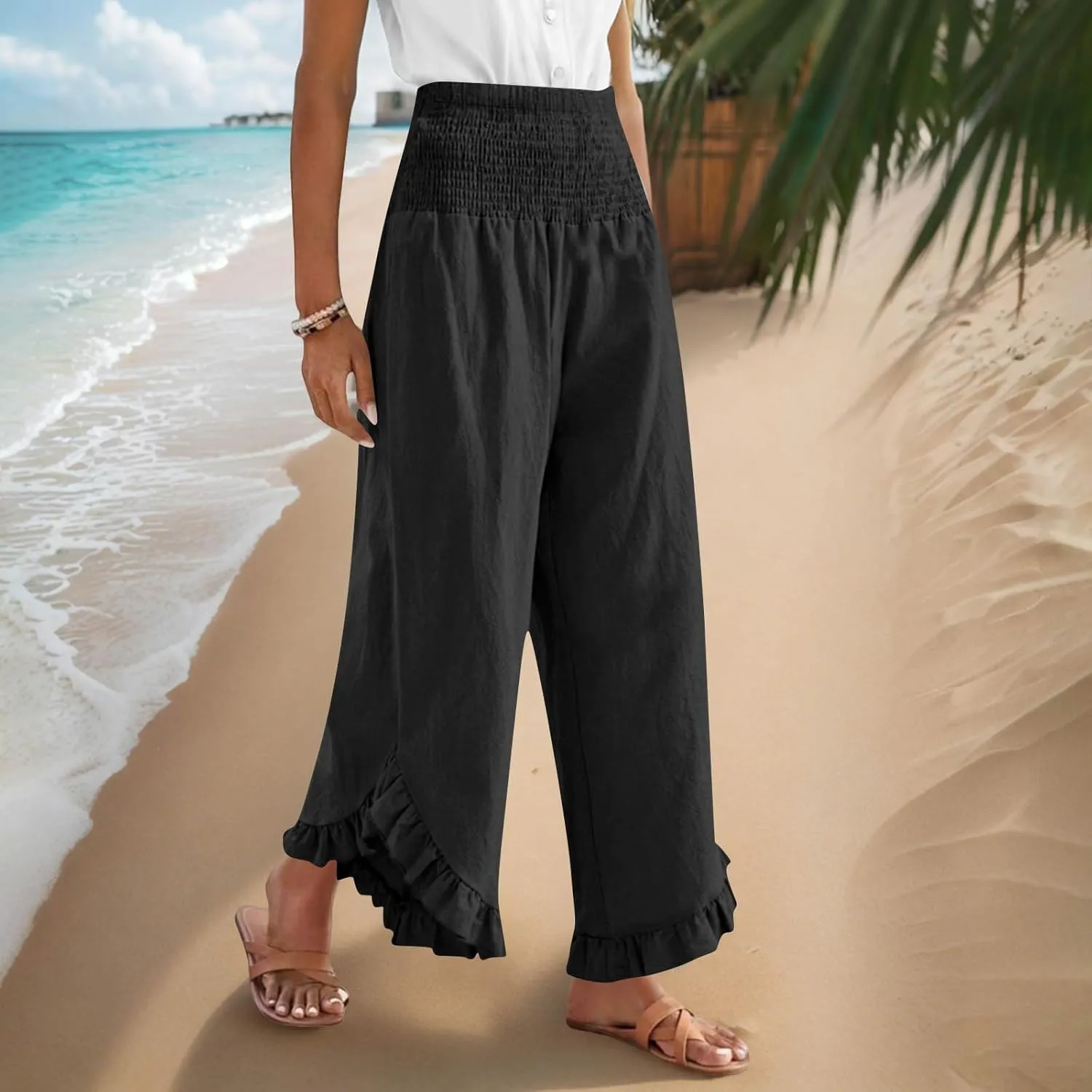 Wide Leg Pants for Women 2025 Summer Lounge Palazzo Pants High Waisted Ruffle Hem Boho Beach Flowy Trousers Pockets