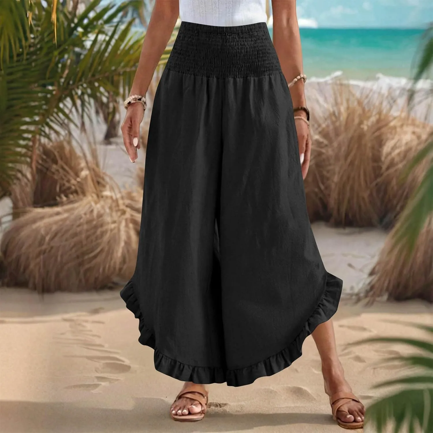 Wide Leg Pants for Women 2025 Summer Lounge Palazzo Pants High Waisted Ruffle Hem Boho Beach Flowy Trousers Pockets