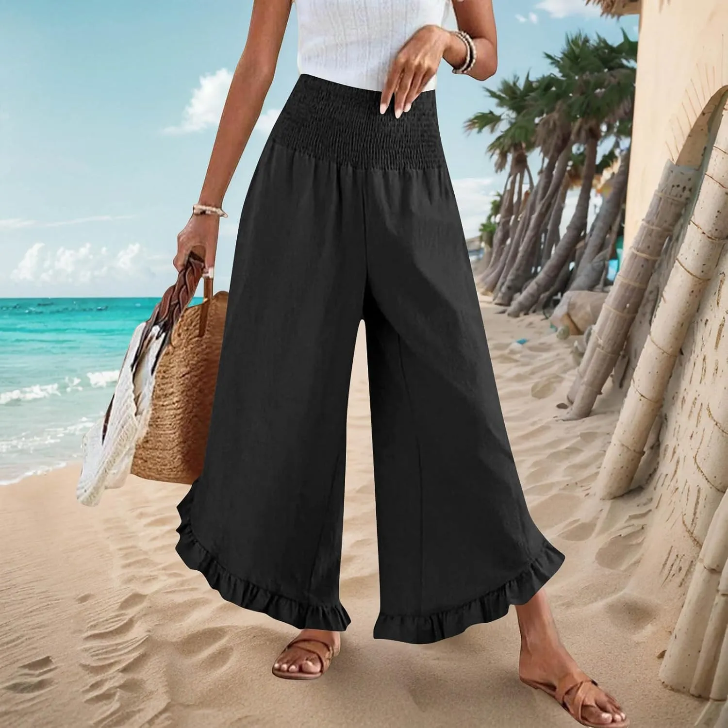 Wide Leg Pants for Women 2025 Summer Lounge Palazzo Pants High Waisted Ruffle Hem Boho Beach Flowy Trousers Pockets