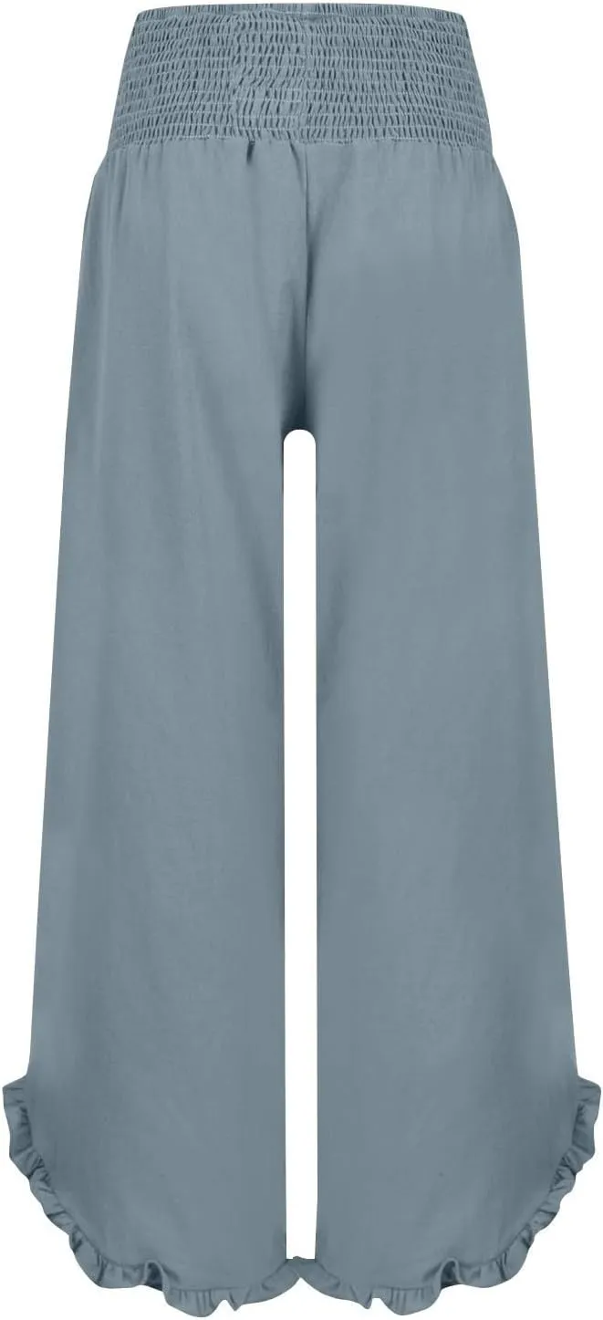 Wide Leg Pants for Women Cotton Linen Palazzo Pants Summer Beach Pant Elastic Waist Flowy Travel Vacation Trousers
