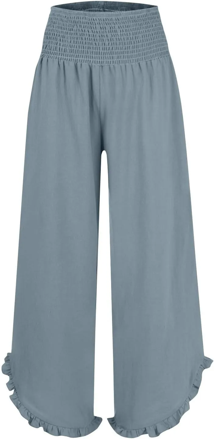 Wide Leg Pants for Women Cotton Linen Palazzo Pants Summer Beach Pant Elastic Waist Flowy Travel Vacation Trousers