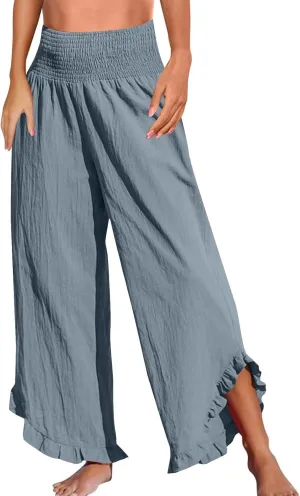 Wide Leg Pants for Women Cotton Linen Palazzo Pants Summer Beach Pant Elastic Waist Flowy Travel Vacation Trousers
