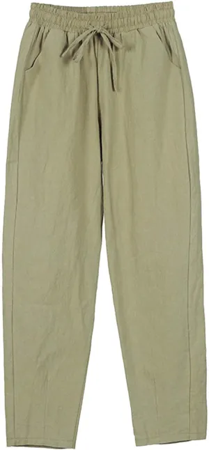 Wide Leg Pants for Women Summer Casual Drawstring Elastic Waist Cropped Pants Cotton Linen Trousers with Pockets