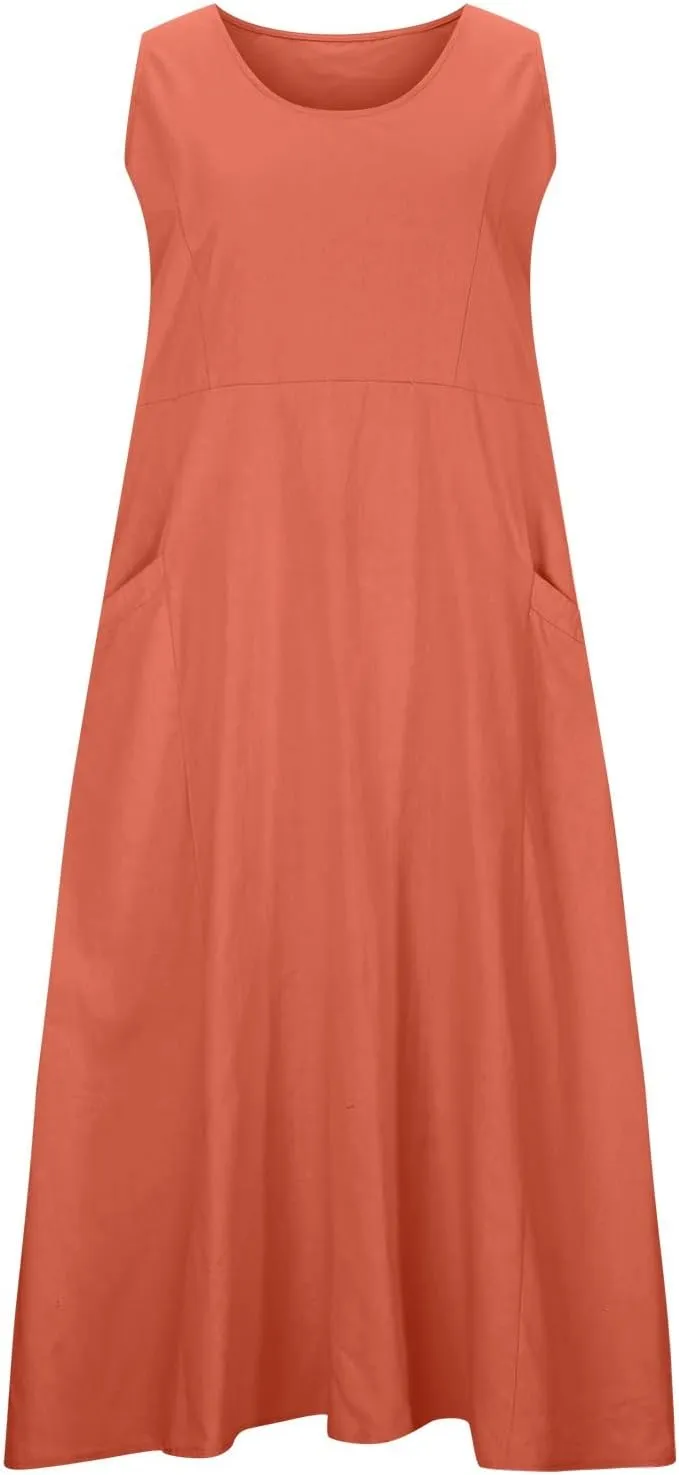 Women Basic Cotton Linen Sleeveless Midi Dresses Summer Trendy Lounge Loose Fit Swing A-Line Dress with Pockets