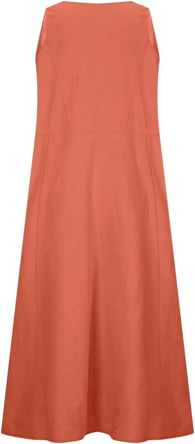 Women Basic Cotton Linen Sleeveless Midi Dresses Summer Trendy Lounge Loose Fit Swing A-Line Dress with Pockets
