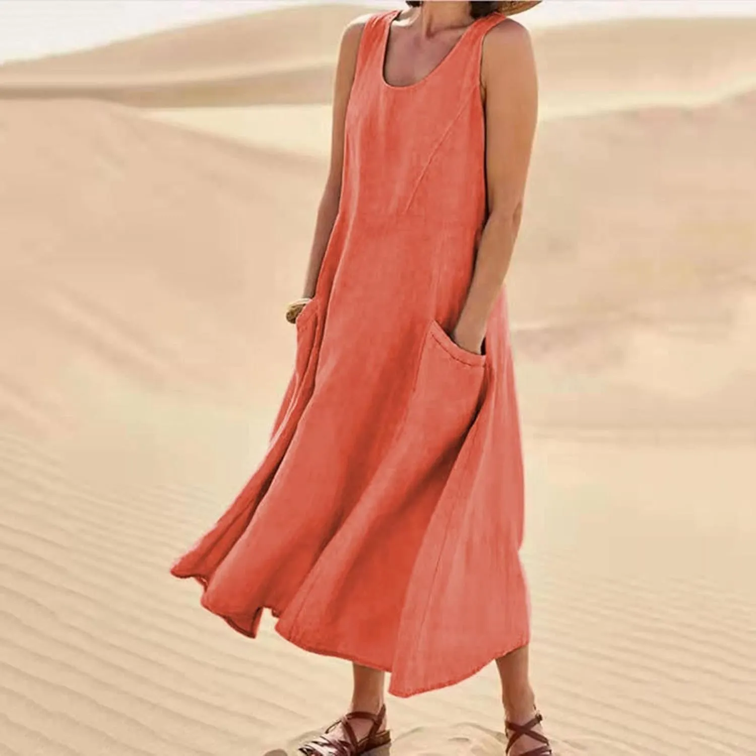 Women Basic Cotton Linen Sleeveless Midi Dresses Summer Trendy Lounge Loose Fit Swing A-Line Dress with Pockets