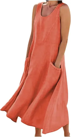 Women Basic Cotton Linen Sleeveless Midi Dresses Summer Trendy Lounge Loose Fit Swing A-Line Dress with Pockets
