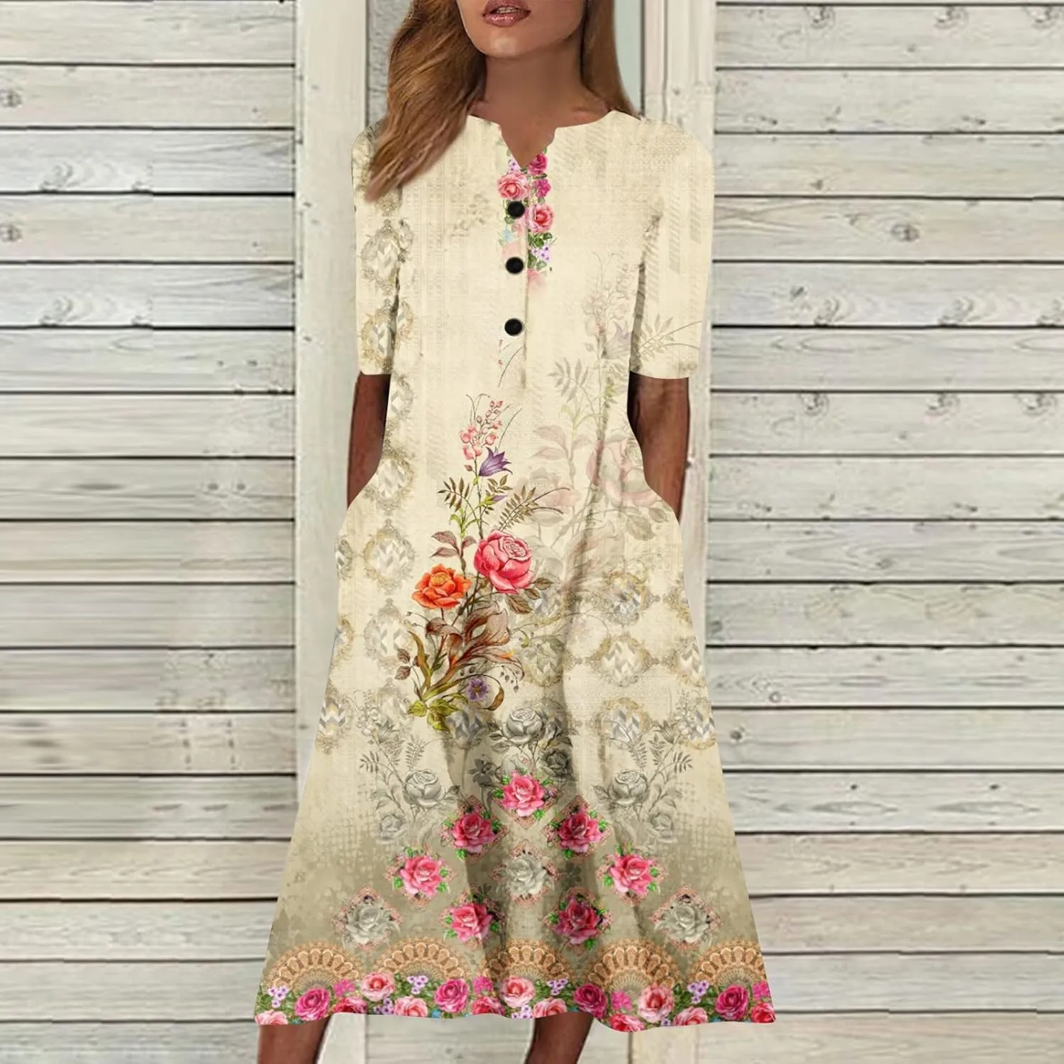 Women Boho Summer Dress 2024 Casual Short Sleeve Button V Neck Baggy Flowy A-Line Maxi Dresses