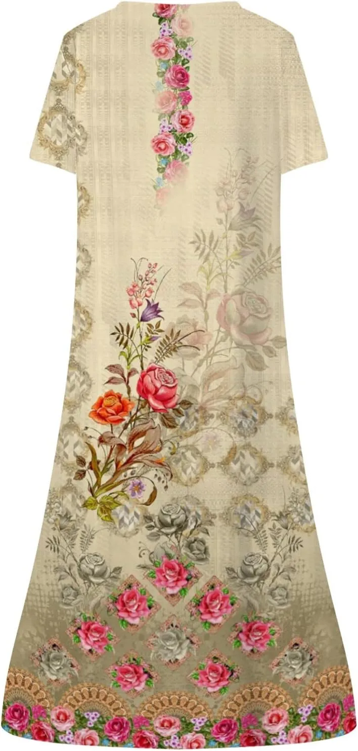 Women Boho Summer Dress 2024 Casual Short Sleeve Button V Neck Baggy Flowy A-Line Maxi Dresses