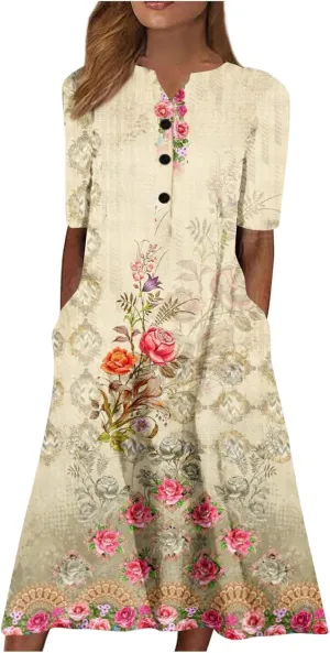 Women Boho Summer Dress 2024 Casual Short Sleeve Button V Neck Baggy Flowy A-Line Maxi Dresses
