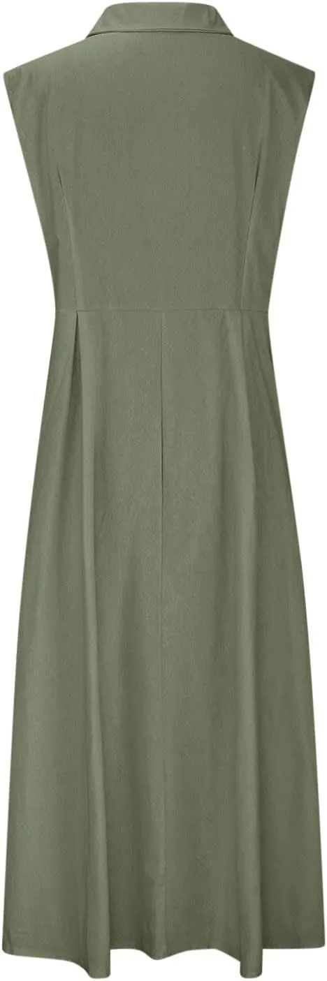 Women Casual Cotton Linen Shirt Dress Summer Sleeveless Button Down A Line Dress V Neck Work Collared Flowy Sundress