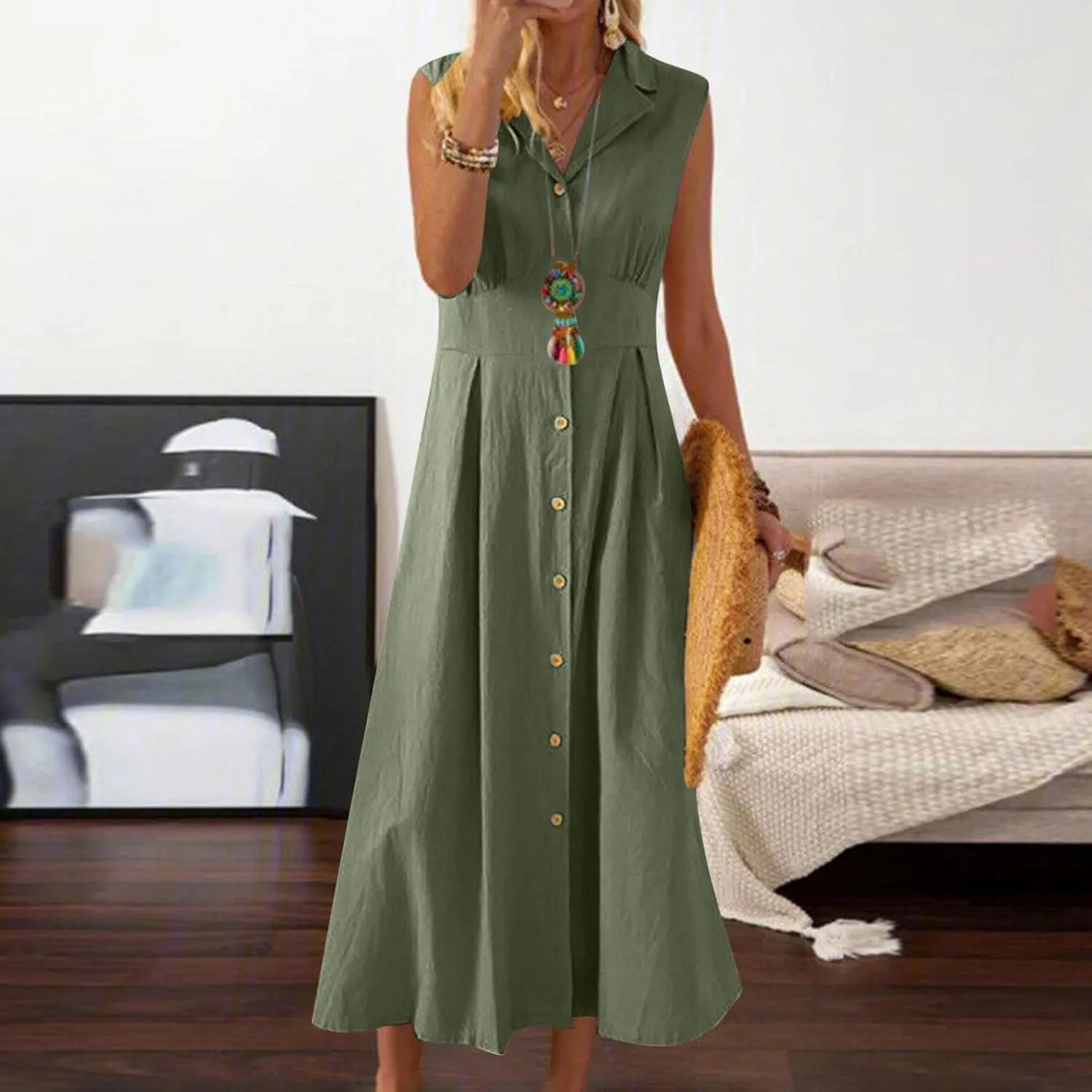 Women Casual Cotton Linen Shirt Dress Summer Sleeveless Button Down A Line Dress V Neck Work Collared Flowy Sundress