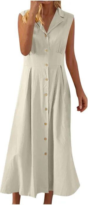 Women Casual Cotton Linen Shirt Dress Summer Sleeveless Button Down A Line Dress V Neck Work Collared Flowy Sundress