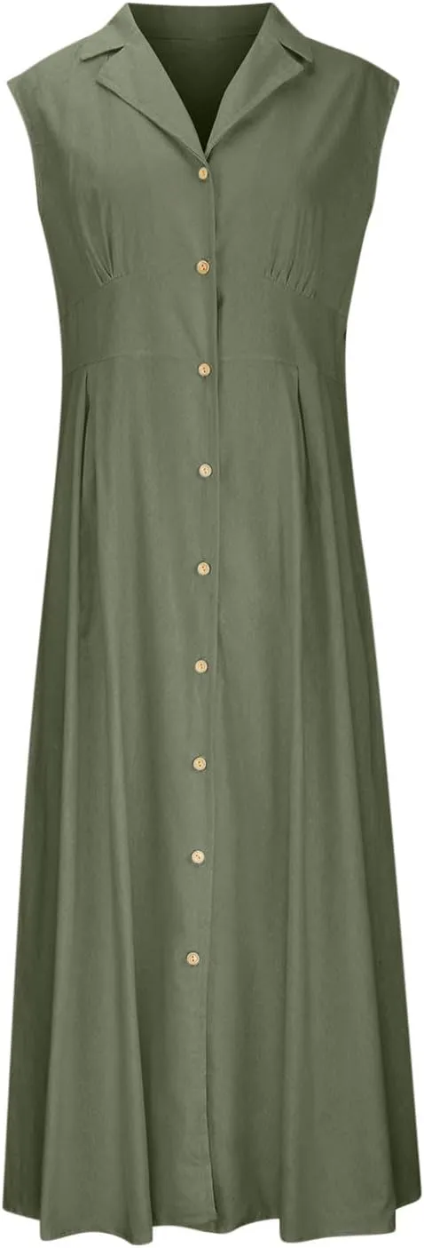 Women Casual Cotton Linen Shirt Dress Summer Sleeveless Button Down A Line Dress V Neck Work Collared Flowy Sundress