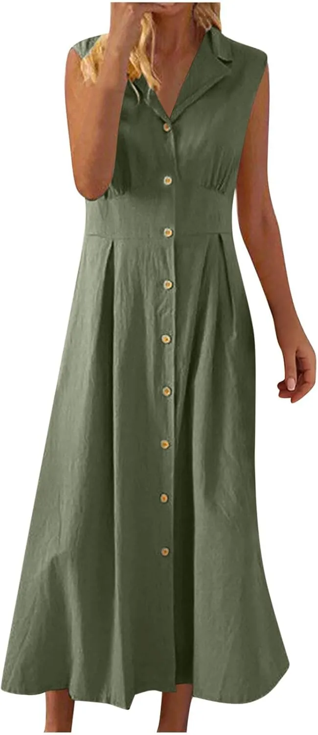 Women Casual Cotton Linen Shirt Dress Summer Sleeveless Button Down A Line Dress V Neck Work Collared Flowy Sundress