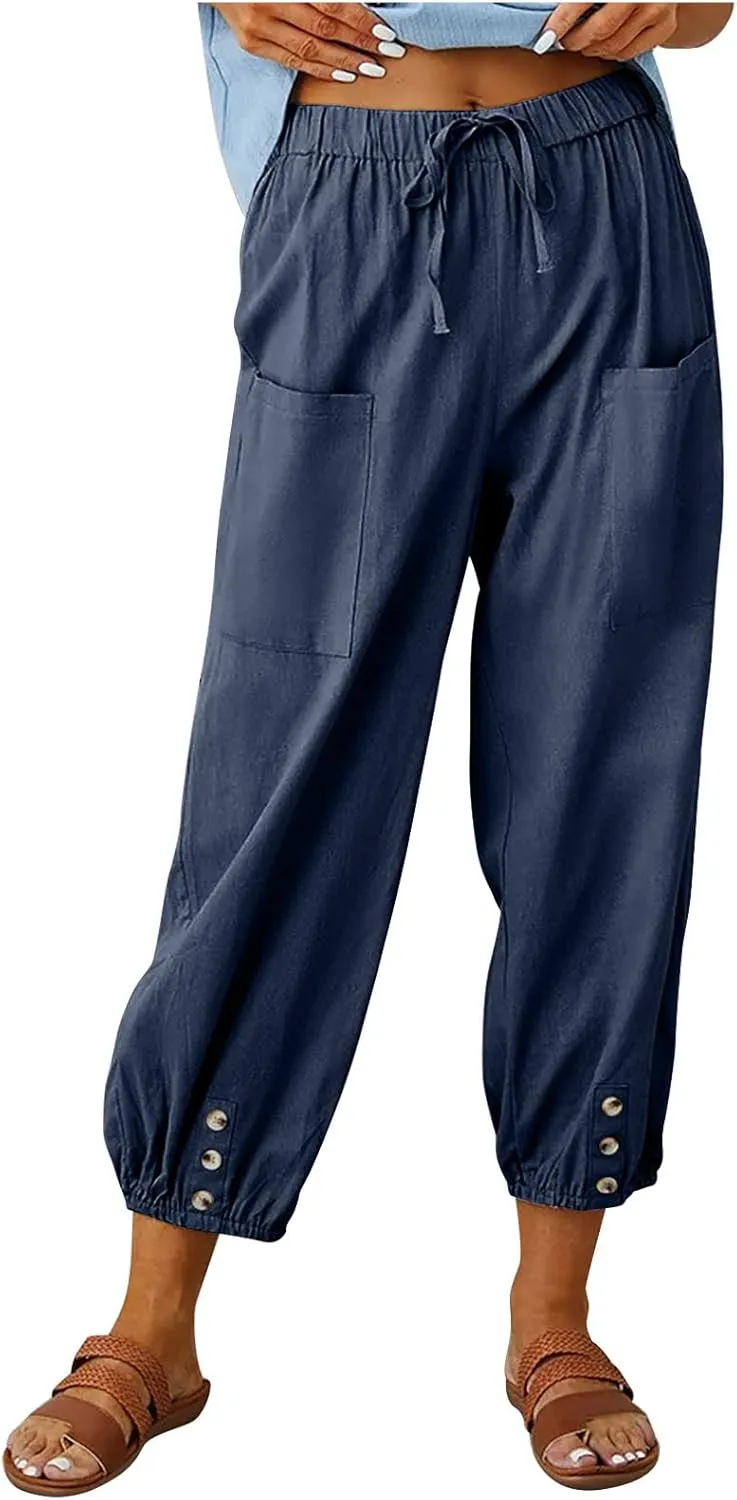 Women Casual Lantern Tapered Harem Pants Solid Loose Fit Style Cotton Linen Capris Pants Elastic Waist Cotton Trouser