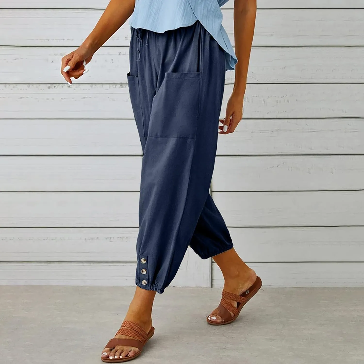 Women Casual Lantern Tapered Harem Pants Solid Loose Fit Style Cotton Linen Capris Pants Elastic Waist Cotton Trouser