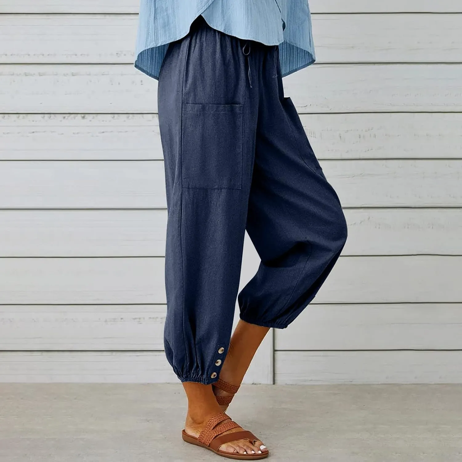 Women Casual Lantern Tapered Harem Pants Solid Loose Fit Style Cotton Linen Capris Pants Elastic Waist Cotton Trouser