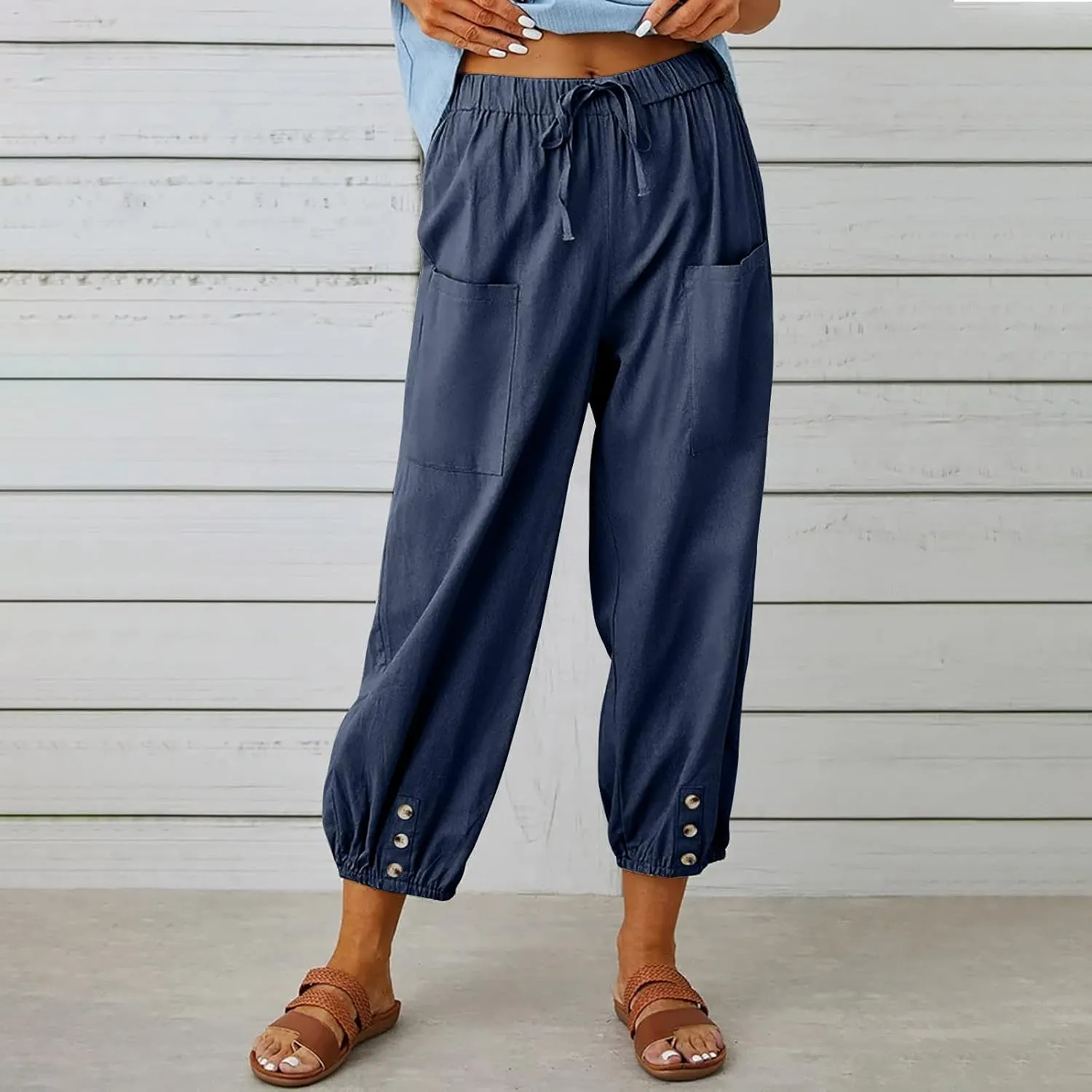 Women Casual Lantern Tapered Harem Pants Solid Loose Fit Style Cotton Linen Capris Pants Elastic Waist Cotton Trouser